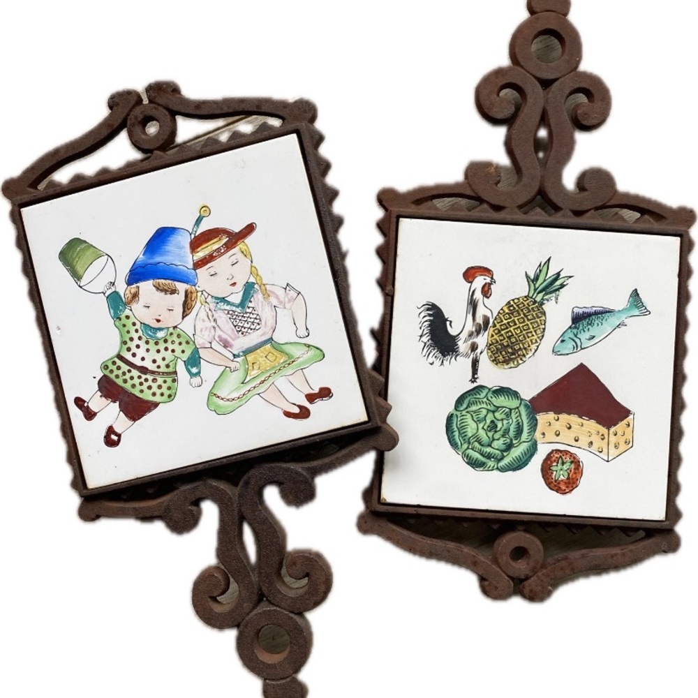 Tile Cast Iron Trivet Spoon Rests Pair Boy Girl Chicken Fish Fruit Veggies Vtg